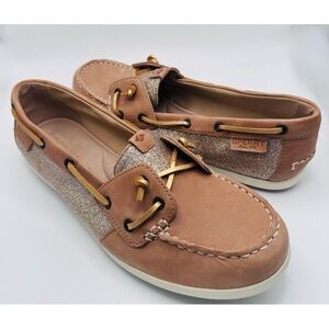 Sperry Women's Brown/Glitter Boat Shoes with Gold Accents